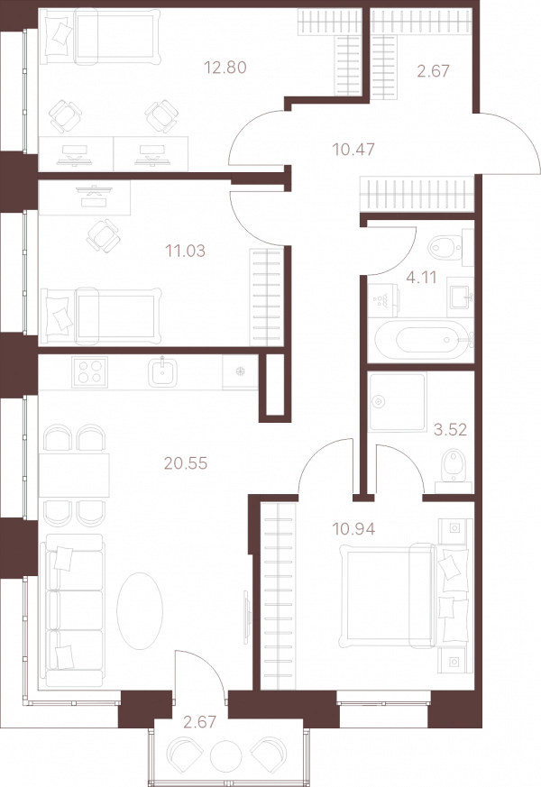 План 3-комнатная квартира № 22 print